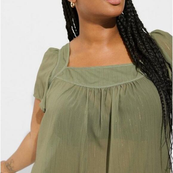 Torrid Olivine Crinkle Chiffon Flutter Sleeve Top - Picture 3 of 9